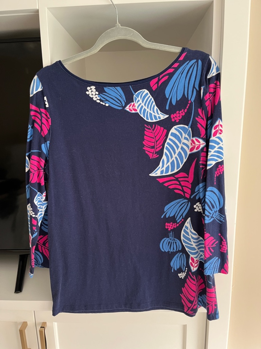 Talbots Navy Long-Sleeve Floral Boatneck Top with Pink & Blue Print